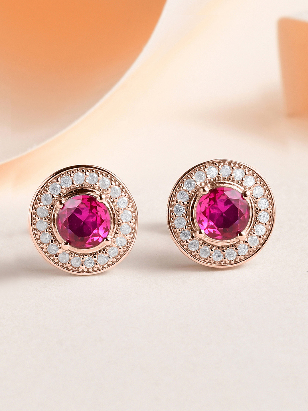 Ornate Jewels 925 Sterling Silver 18K Rose Gold-Plated AD & Ruby Circular Halo Studs