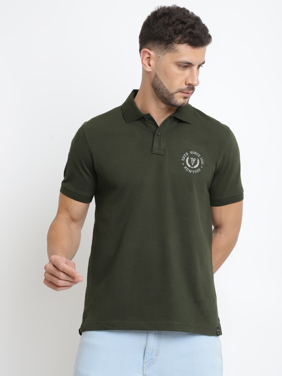 Van Heusen Innerwear Men Green Solid Varsity Inspired Short Sleeve Polo T-Shirt