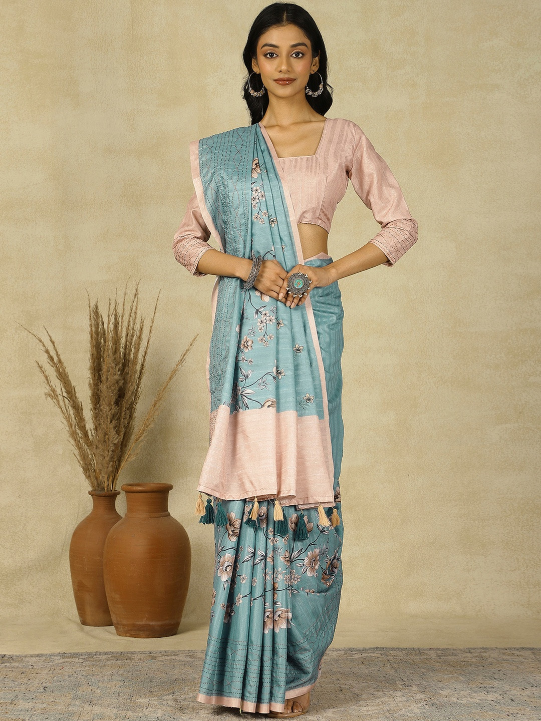 Sangria Teal green Silk Blend Ethnic Printed Party Wear Saree with Matching Blouse