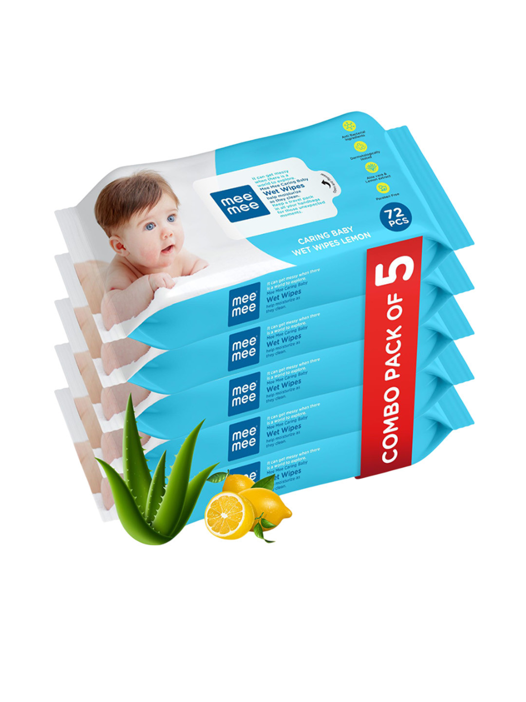 Mee Mee Baby Pack of 5 Aloevera and Lemon Extract Soft Gentle Wet Wipes