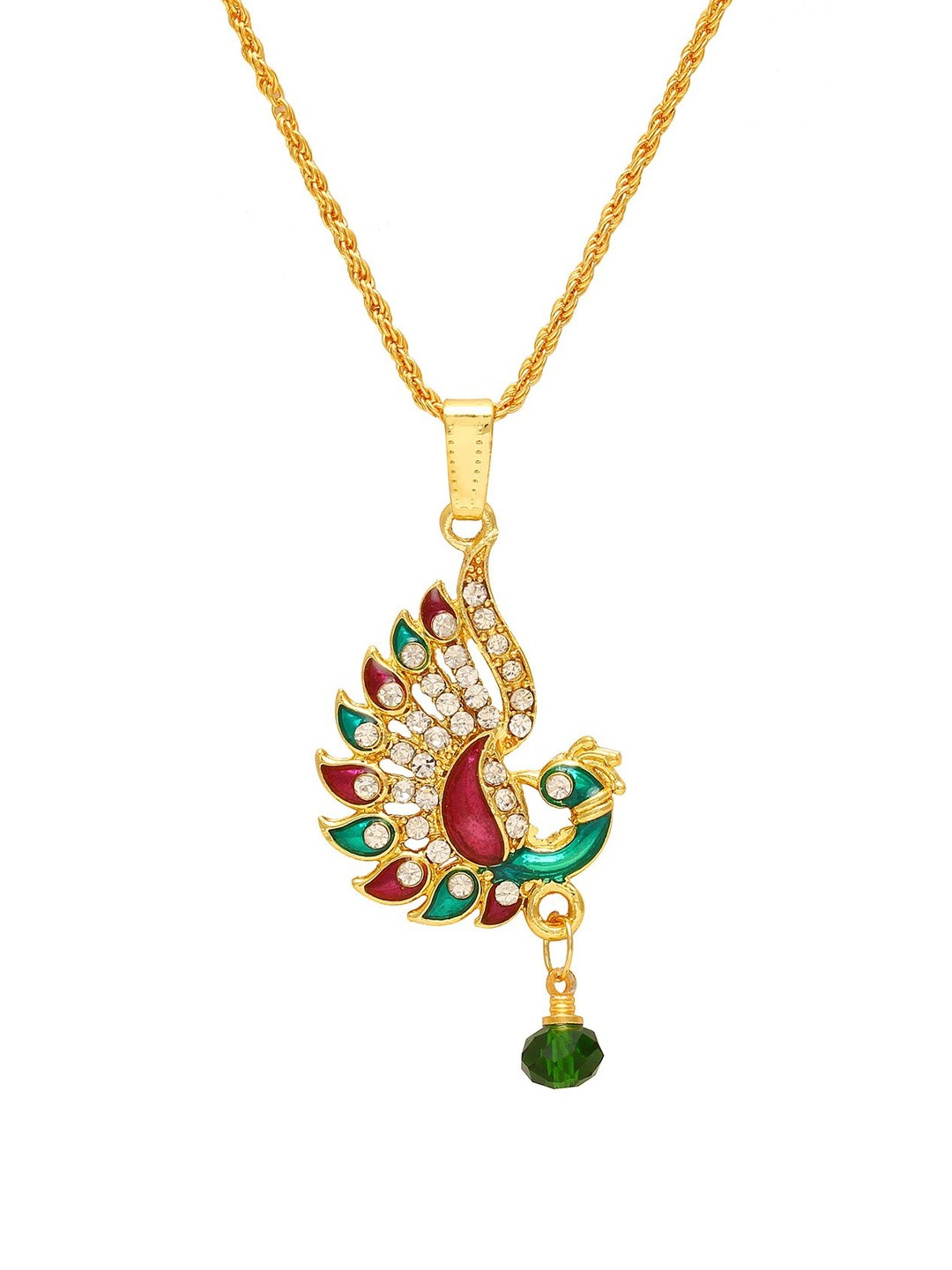 Gold plated CZ Meenakari Rich and Festive Colourful Peacock green drop chain pendant