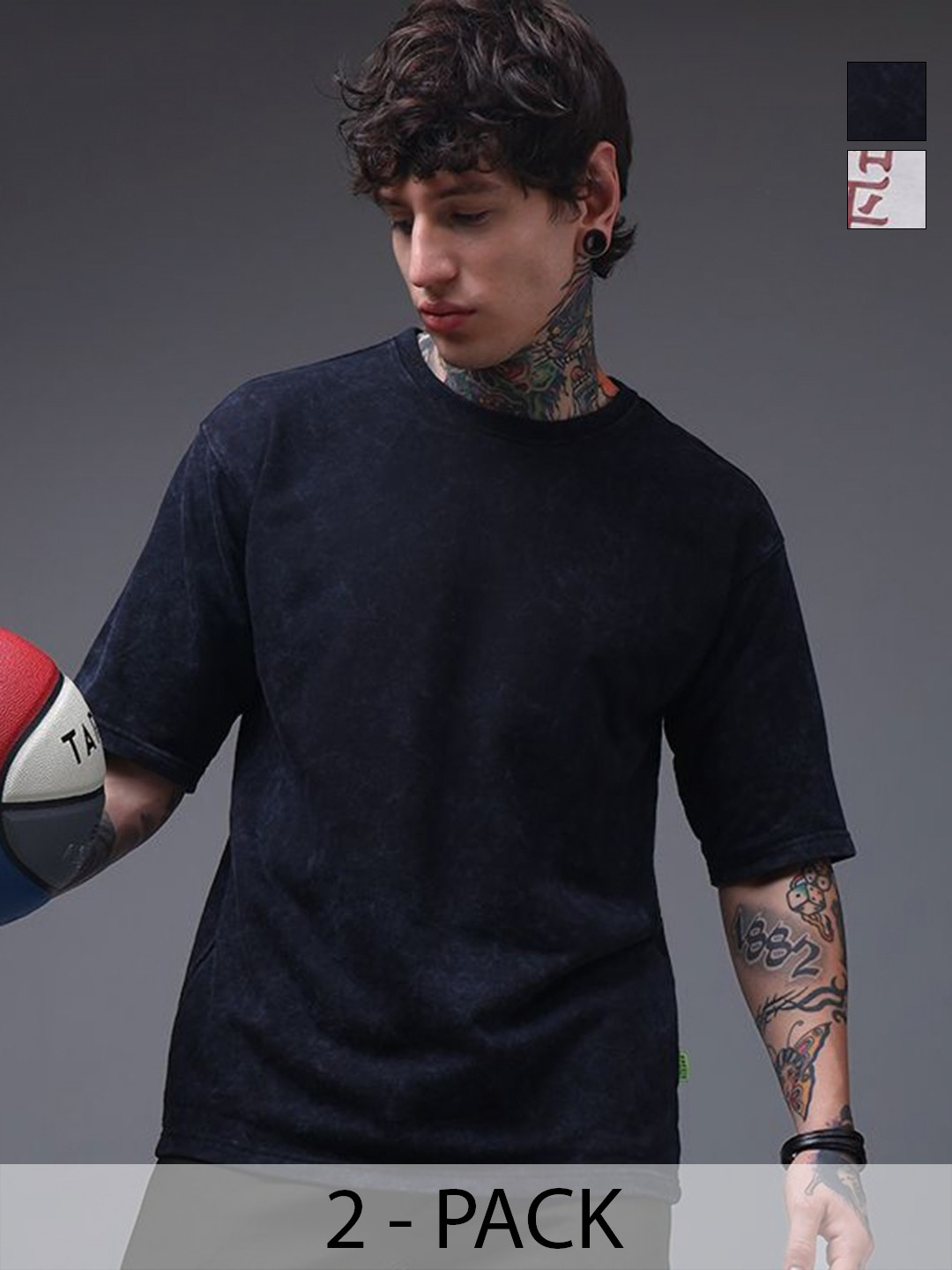 MADSTO Men Pack of 2 Washed Effect Washed Round Neck Cotton T-shirts