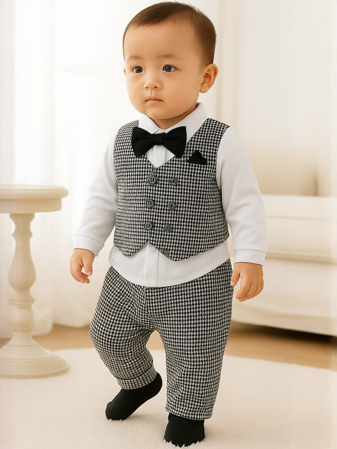 BELLIZA Kids White & Black  Shirt with Trousers With Waistcoat Clothing Set