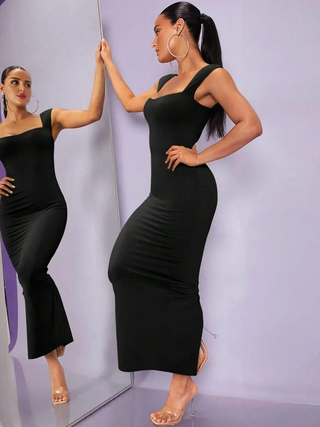 WANQUILA Women Black Solid Polyester Bodycorn dress