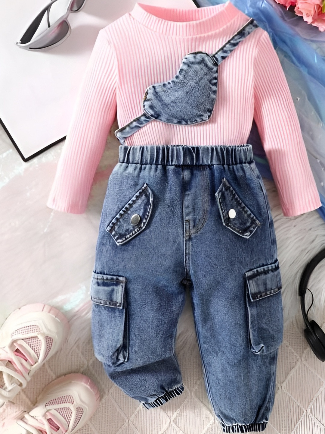 ELPIXIE FASHION Girls Ribbed Top & Denim Trousers With Small Denim Purse