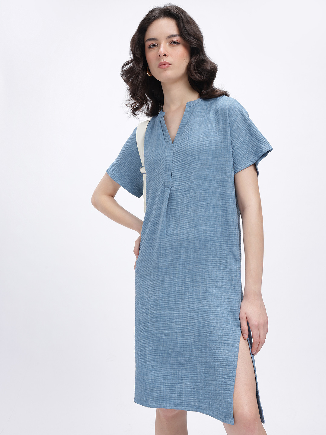 glitchez Plisse Effect Mandarin Collar Shift Dress with Side Slits