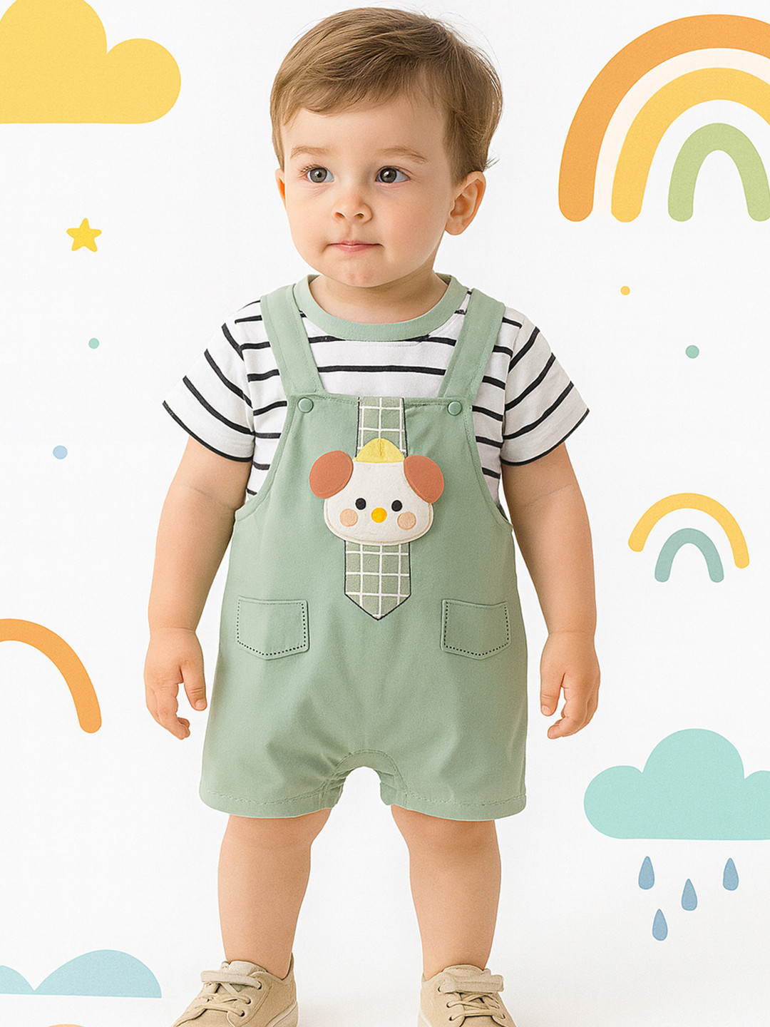 Bold N Elegant Infants Striped  Printed Short Dungaree With T-Shirt & Tie