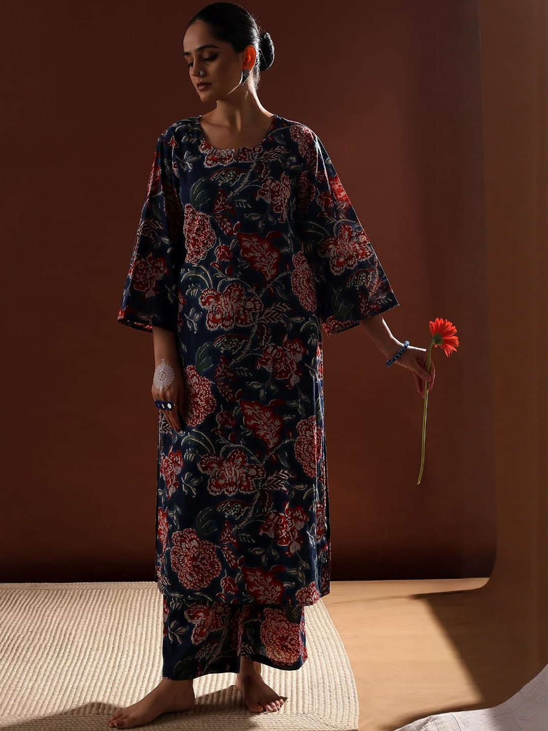 Navy Blue Floral Cotton Co-ord Set