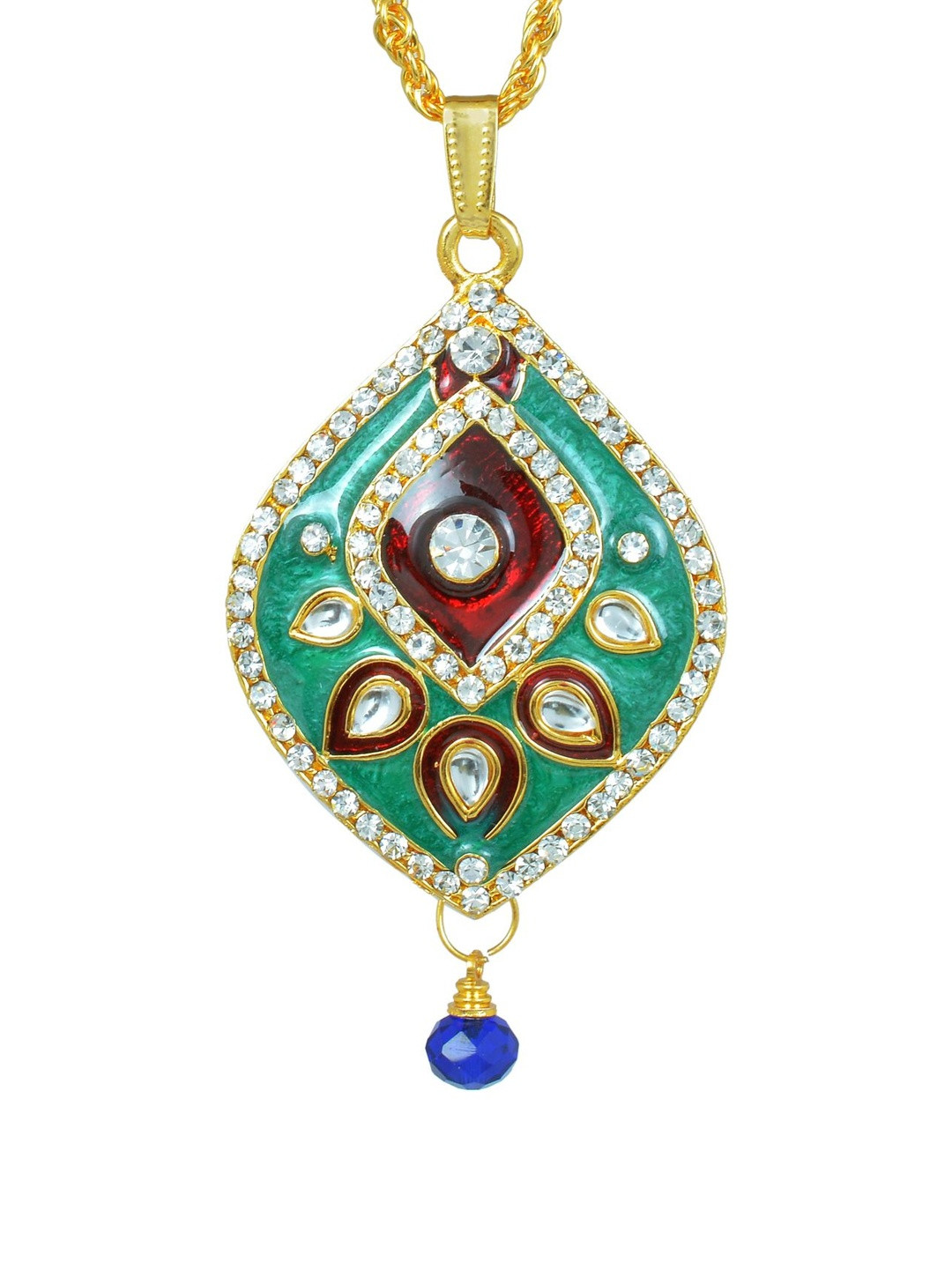 Gold Plated CZ studded Green and Red Meenakari Kundan Pear shape chain pendant