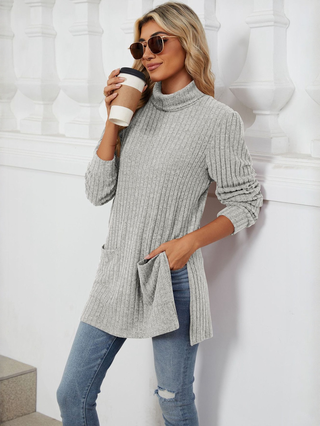 HERE&NOW Women Grey High Neck & Pockets Ribbed Tunic Sweater