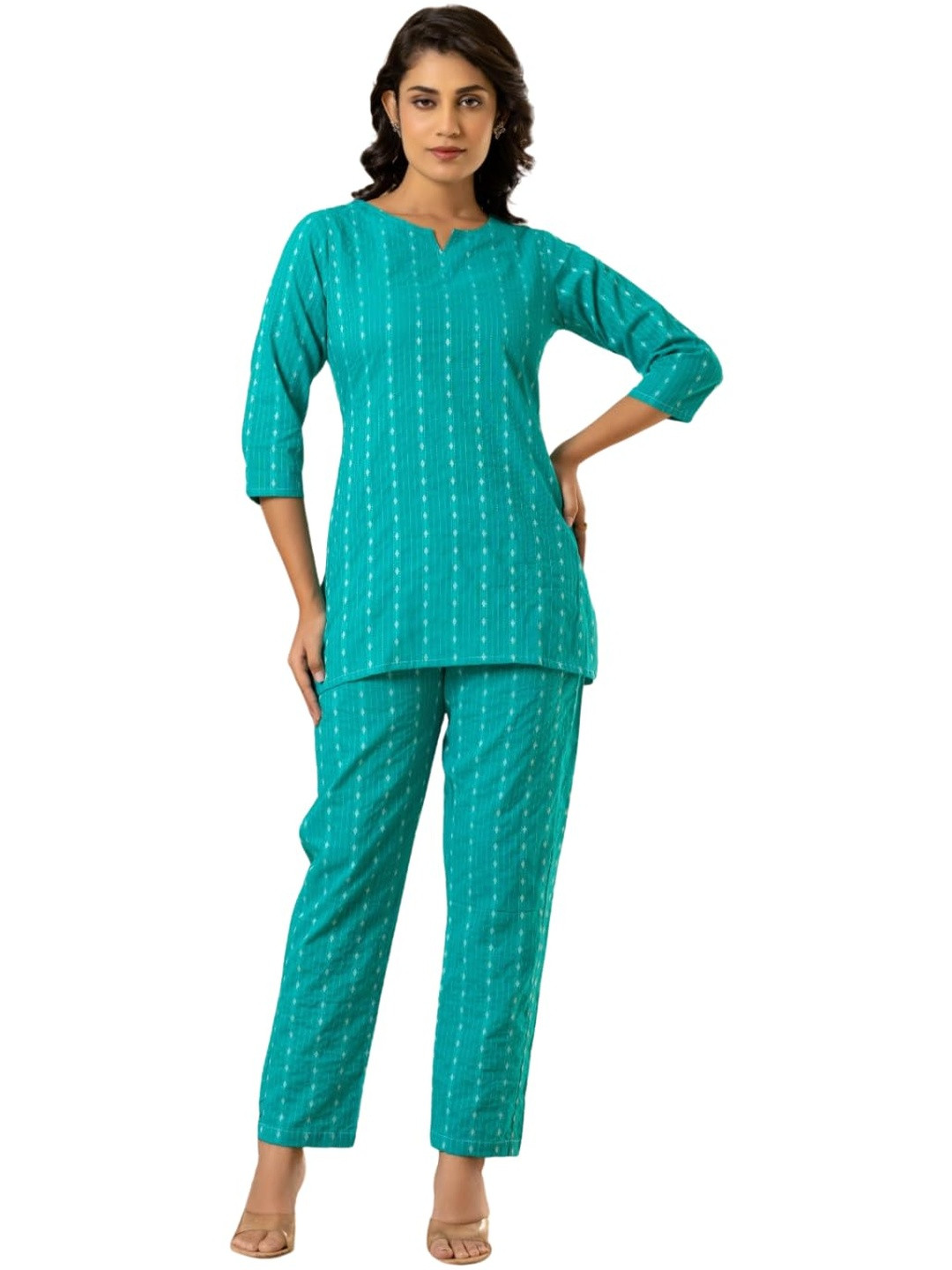 PUSHPRAJ FASHION Women's Katha Cotton Round Neck Half Sleeves Striped Pritned Regular Fit Kurta Set (Rama Green -2XL)
