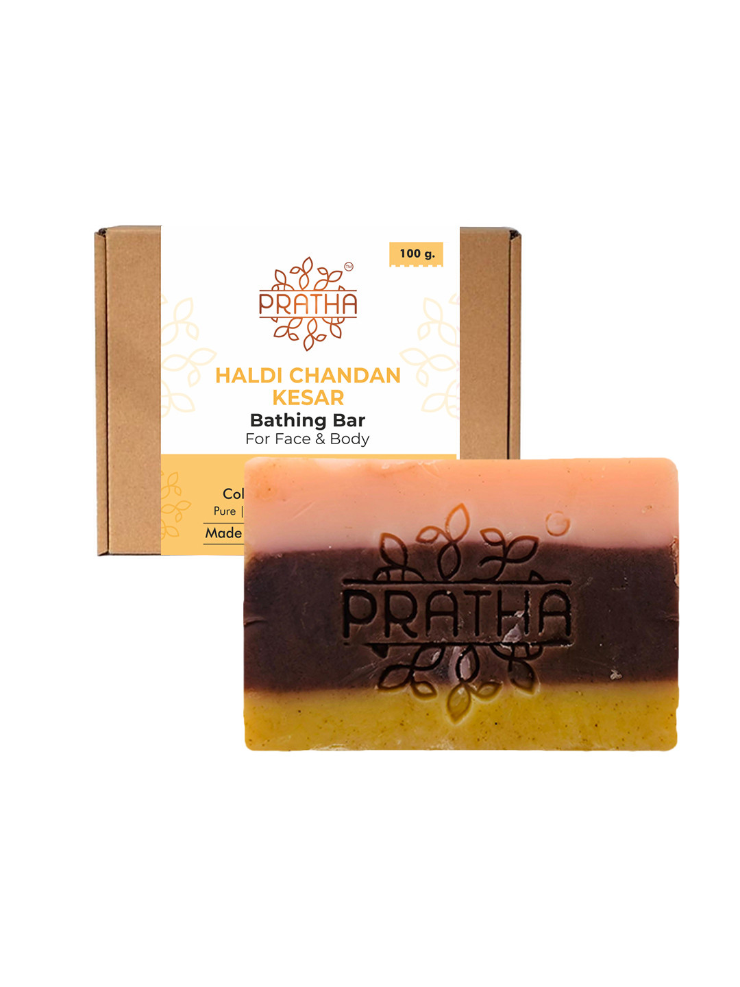 Pratha Unisex Yellow & Orange Haldi-Chandan-Kesar Handmade Soap 100 gm
