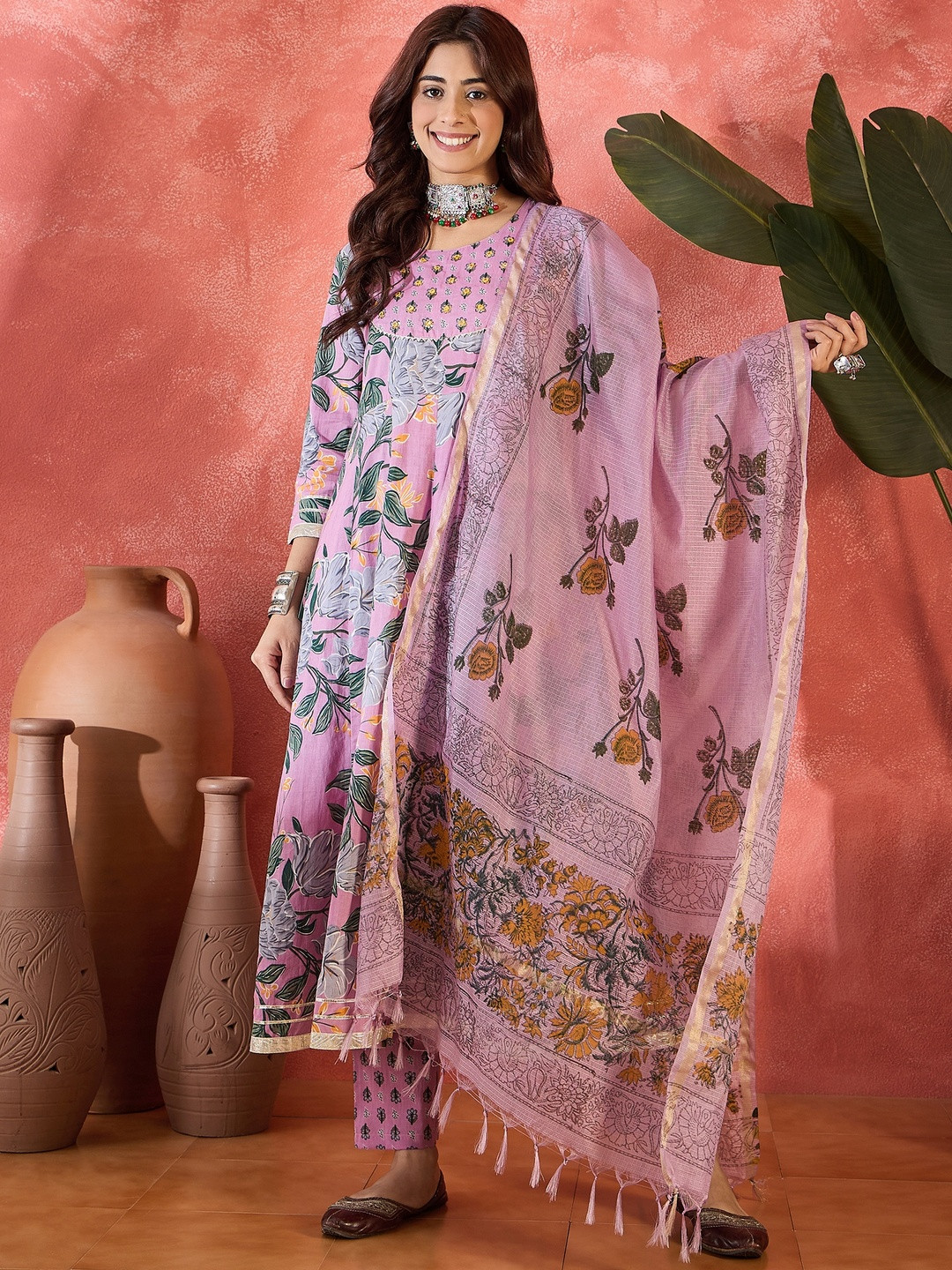 Sangria Mauve floral printed anarkali mirror work kurta set with dupatta