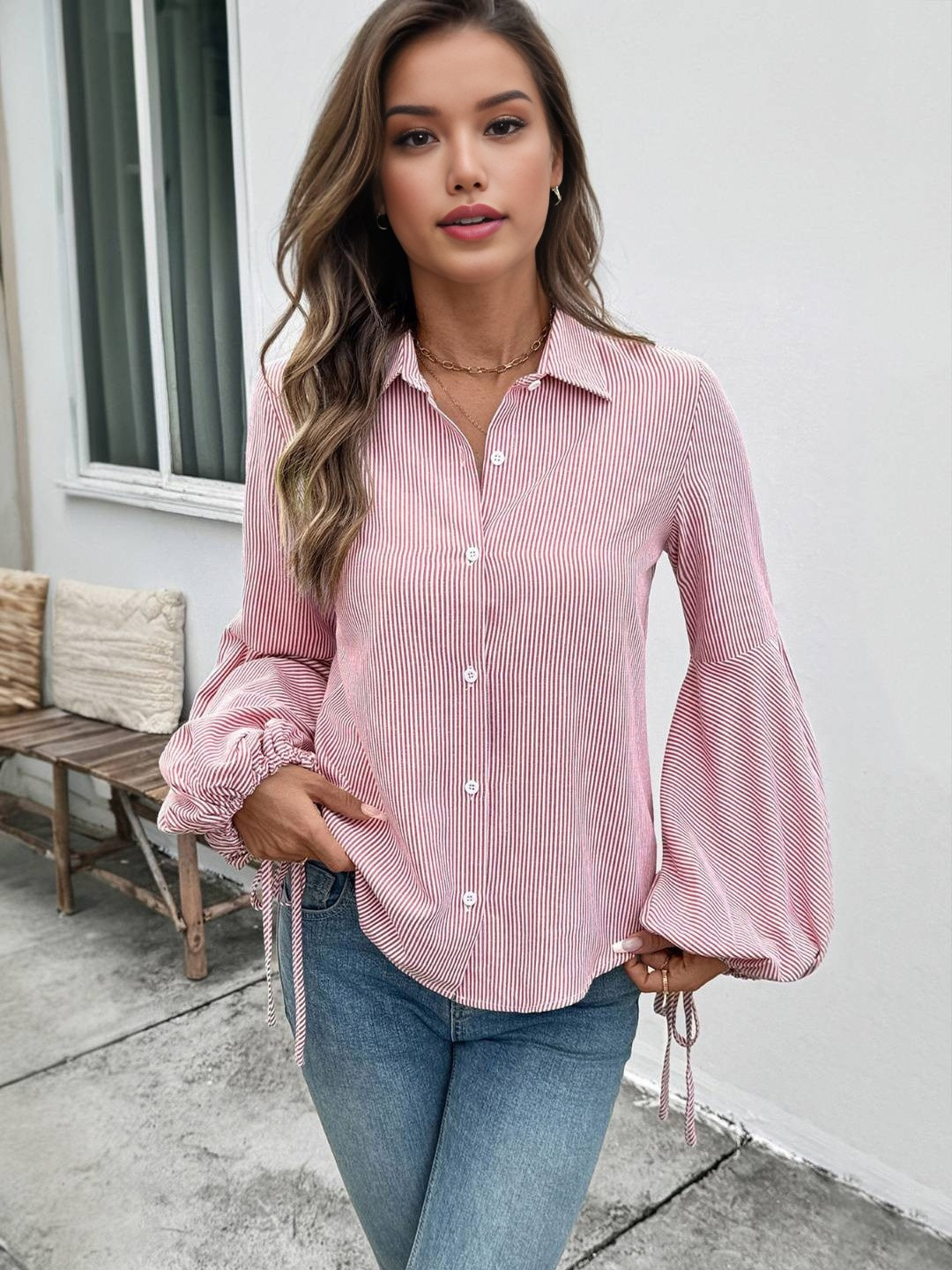 HERE&NOW Women Red Striped Spread Collar Ballon Sleeves Cotton Formal Shirt