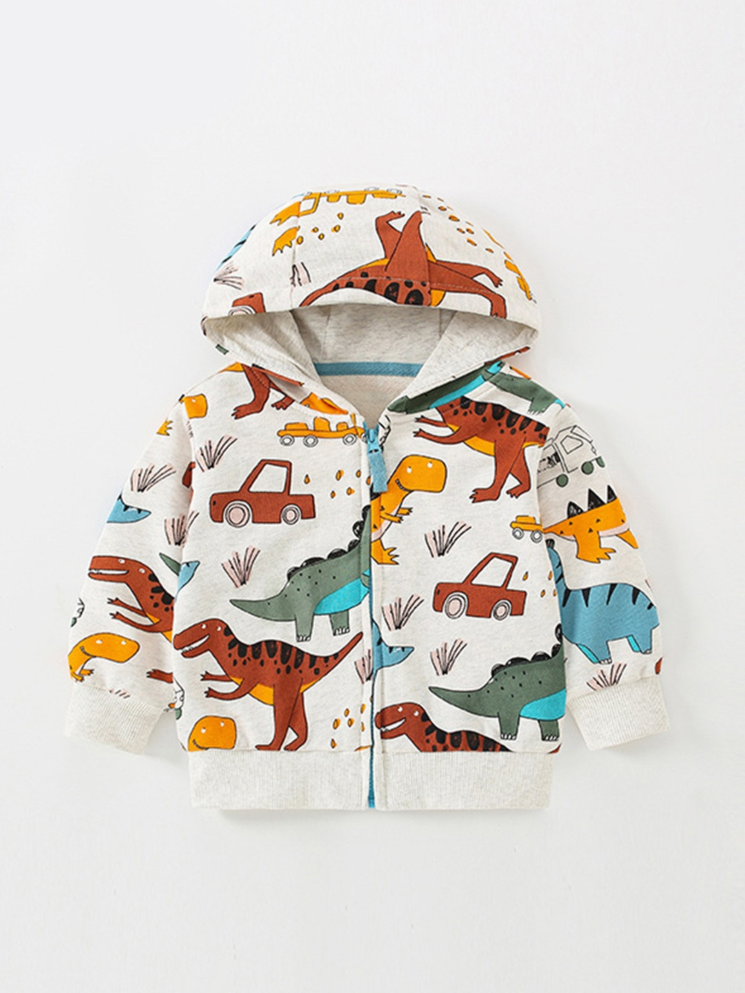 YK Boys Multicolor Dinosaur Cartoon Printed Hooded Jacket
