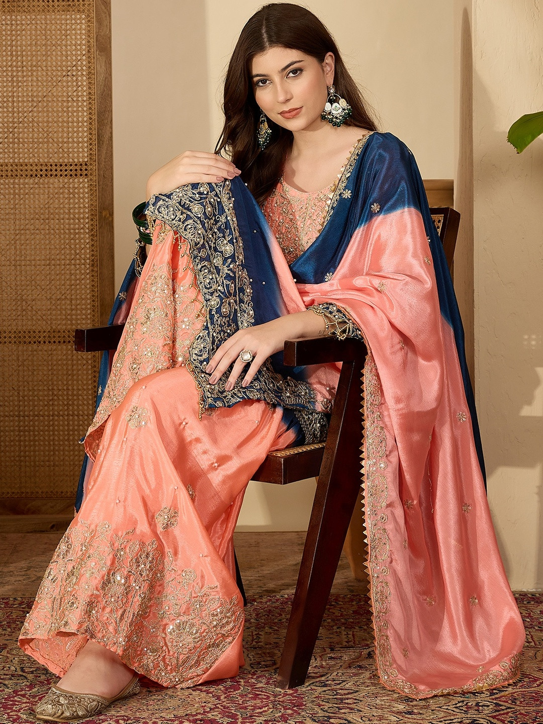 Peach Chinon Silk Embroidery Work Kurta With Sharara And Dupatta