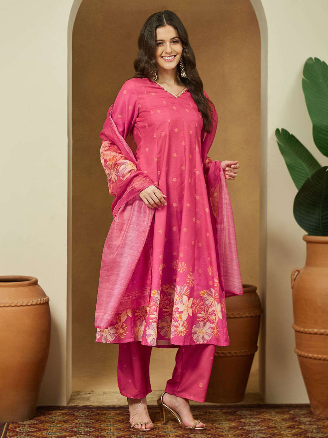 Janasya Women Pink Cotton Floral Printed Anarkali Kurta Set