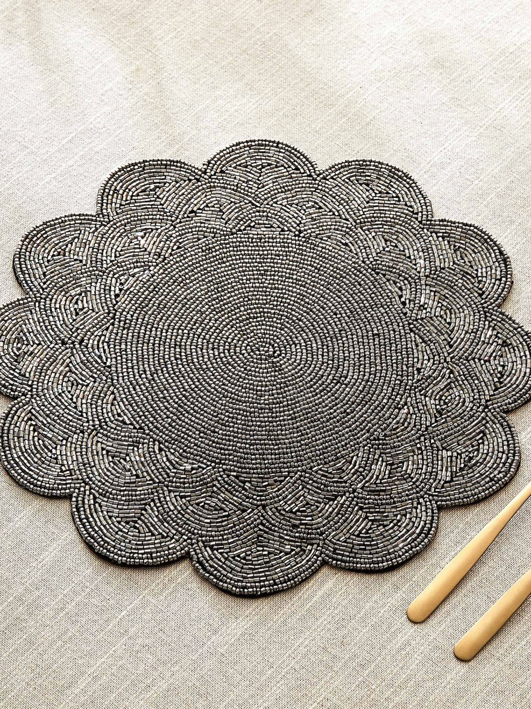 Home Centre Silver Halcyon Scallop Glass Beaded Placemat