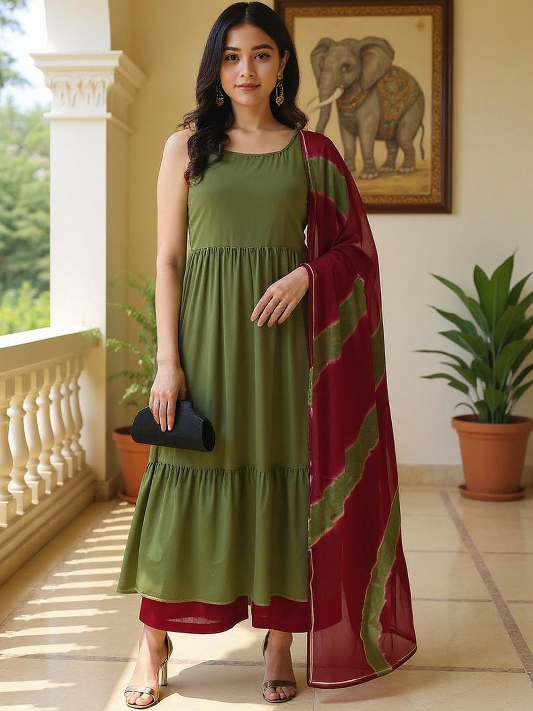 SZN Women Olive Crepe Boat Neck Regular Fit Kurti with Dupatta
