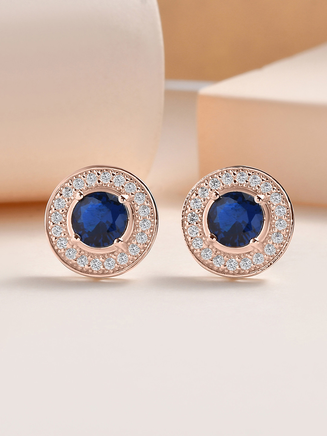 Ornate Jewels 925 Sterling Silver 18K Rose Gold-Plated 1 Carat AD Studded Sapphire Studs