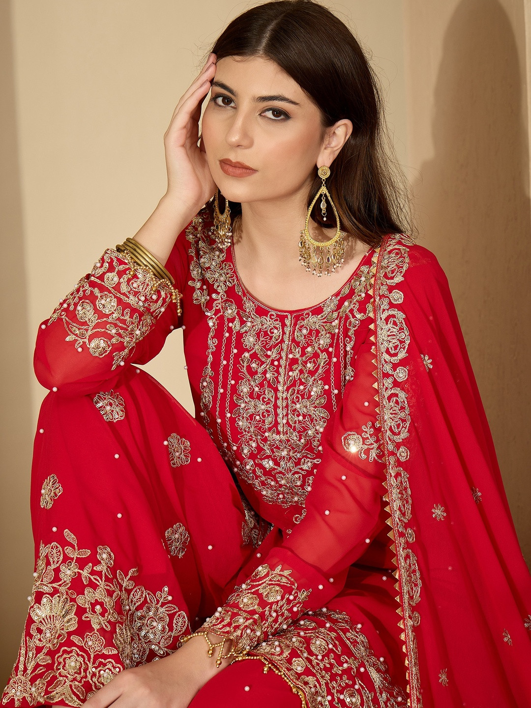 Red Faux Georgette Coding & Sequence With Pearl Work Kurta Sharara And Dupatta