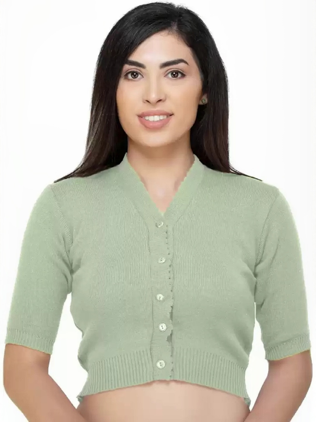 FEMULA Women V-Neck Half Sleeves Regular Fit Woollen Blouse Top for Winter