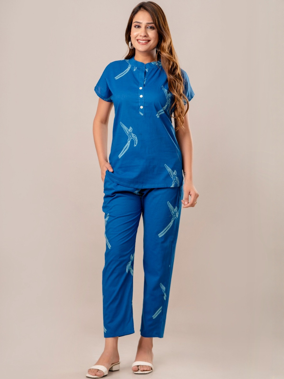 FASHION CLOUD Women Blue Pure Cotton Printed Night suit