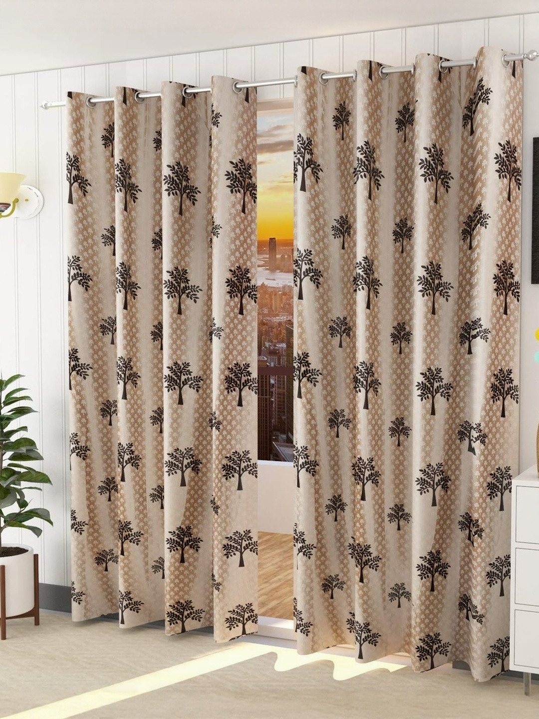 AADI TRADERS Brown Set of 2 Tree Printed Polyester Curtain Set