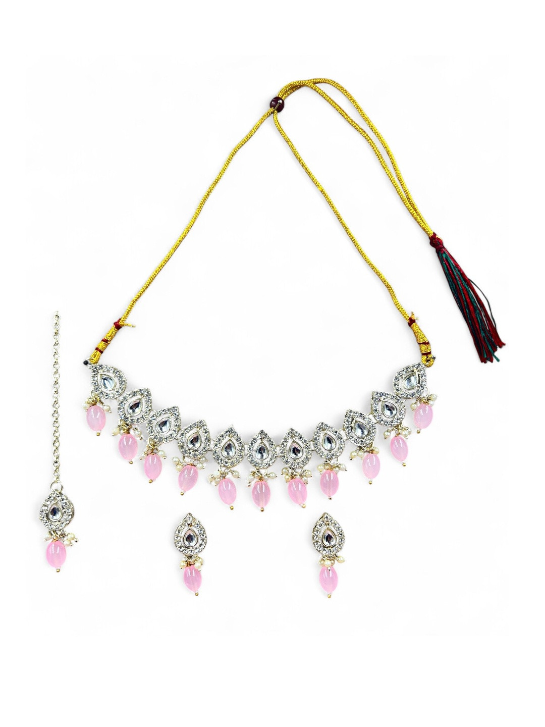 ANTIQUE JEWELLERY Women Kundan & Pearl Choker Necklace & Earrings With & Maang Tika