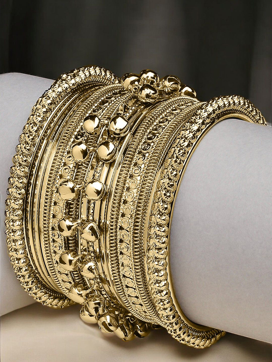 OOMPH Combo of 17 Women Antique Gold Ghungroo Bangle Set