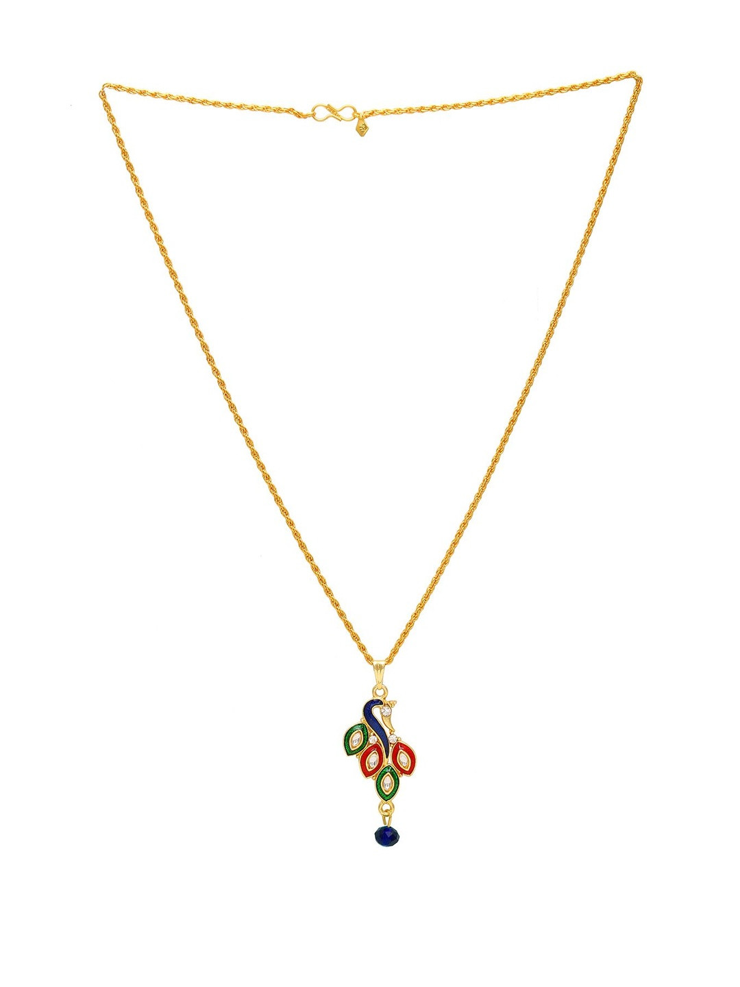 Gold plated rich and festive Kundan Meenakari Peacock shape Ethnic chain pendant