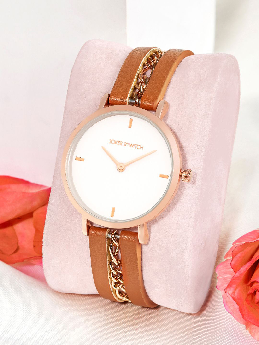 JOKER & WITCH Kristina Women Metal And Tan PU Mix Strap Watch Gift Set JWBS1119