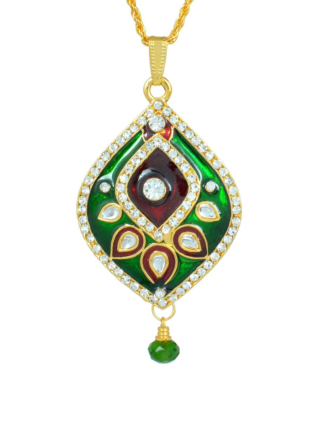 Gold Plated CZ studded Green and Red Meenakari Kundan Pear shape chain pendant