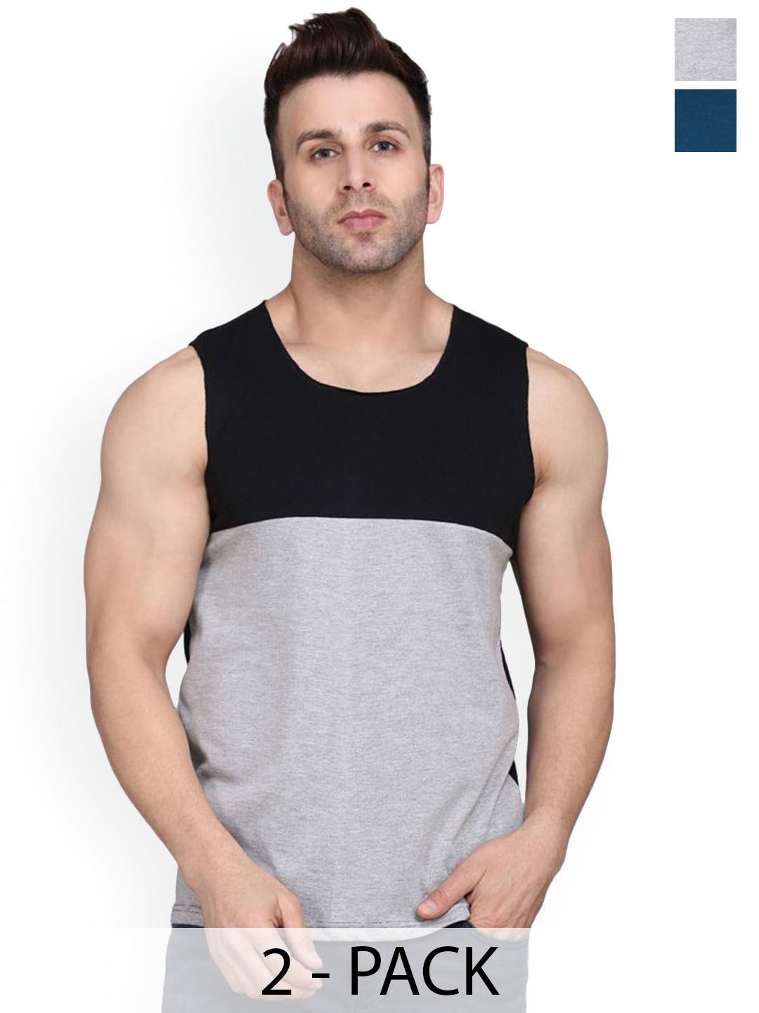 SLOWLORIS Pack Of 2 Printed Combed Cotton Gym Vests VSL26 CMB(PLAIN BLACKGREY)(LOUD PEACOC