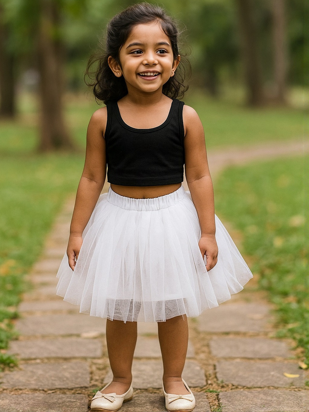 Charan Kanya Girls Black Sleeveless Crop Top Round Neck And Nylon Soft Knee length Skirt