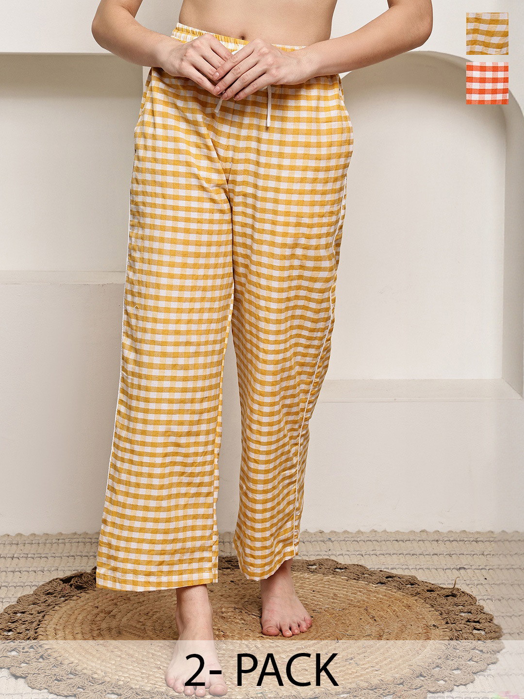 Overlock Pack Of 2 Women's Elasticated Drawstring Waist Checked Lounge Pants