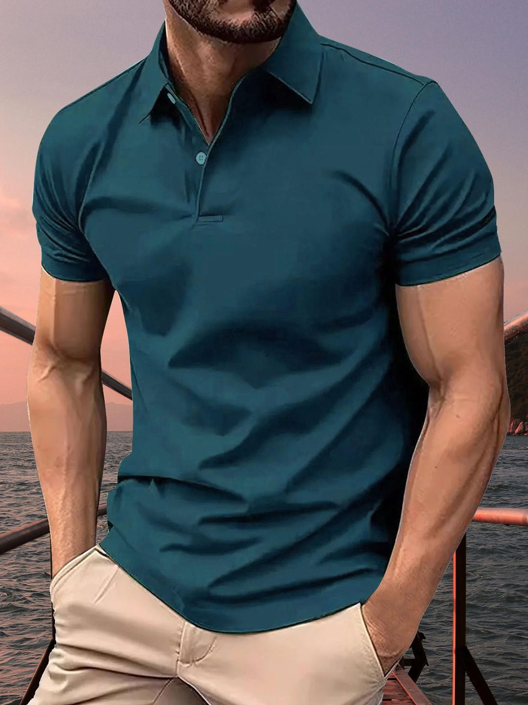 HUSHBUCKS Men Moisture Wicking Solid Polo Collar Slim Fit T-shirt