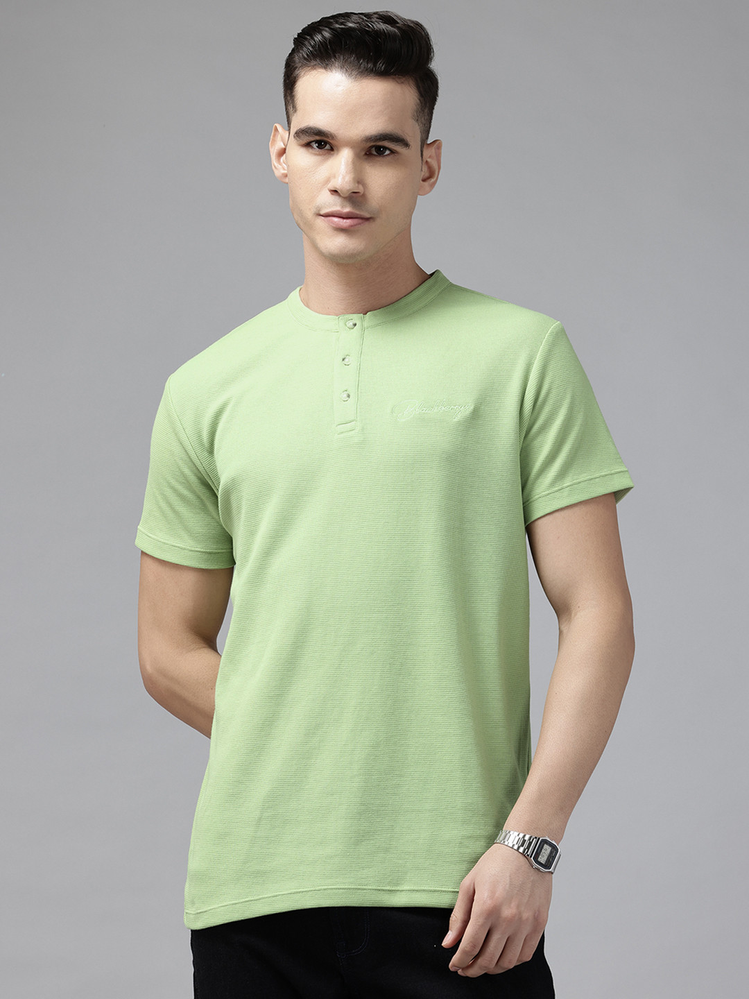 Blackberrys Waffle Knit Henley Neck Regular Fit Hypa Fresh T-shirt with Embroidered Detail