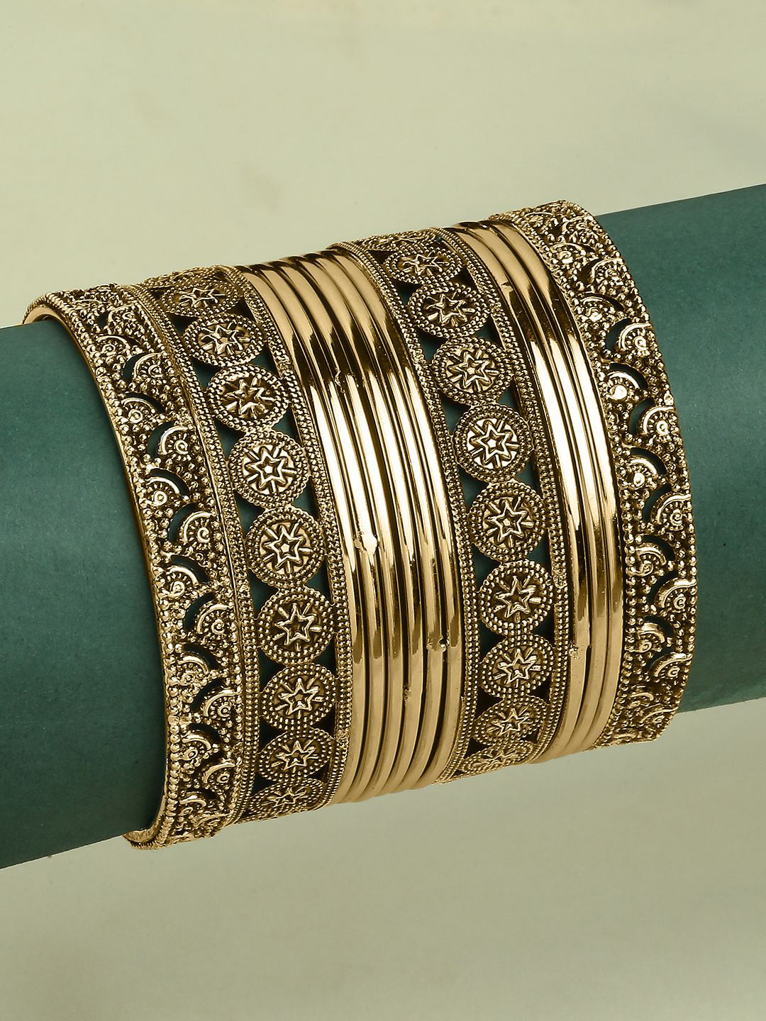 OOMPH Set of 13 Women Gold Alloy Antique Bangles