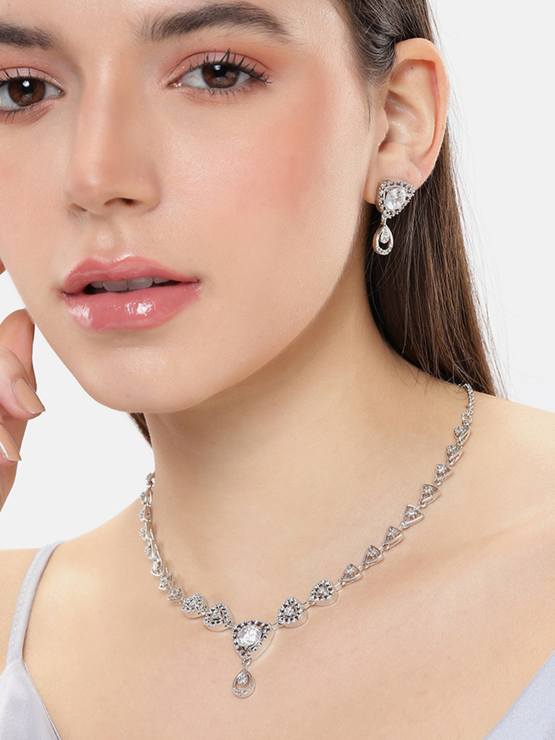 Estele Rhodium Plated CZ Studded Necklace & Earring Jewelry Set