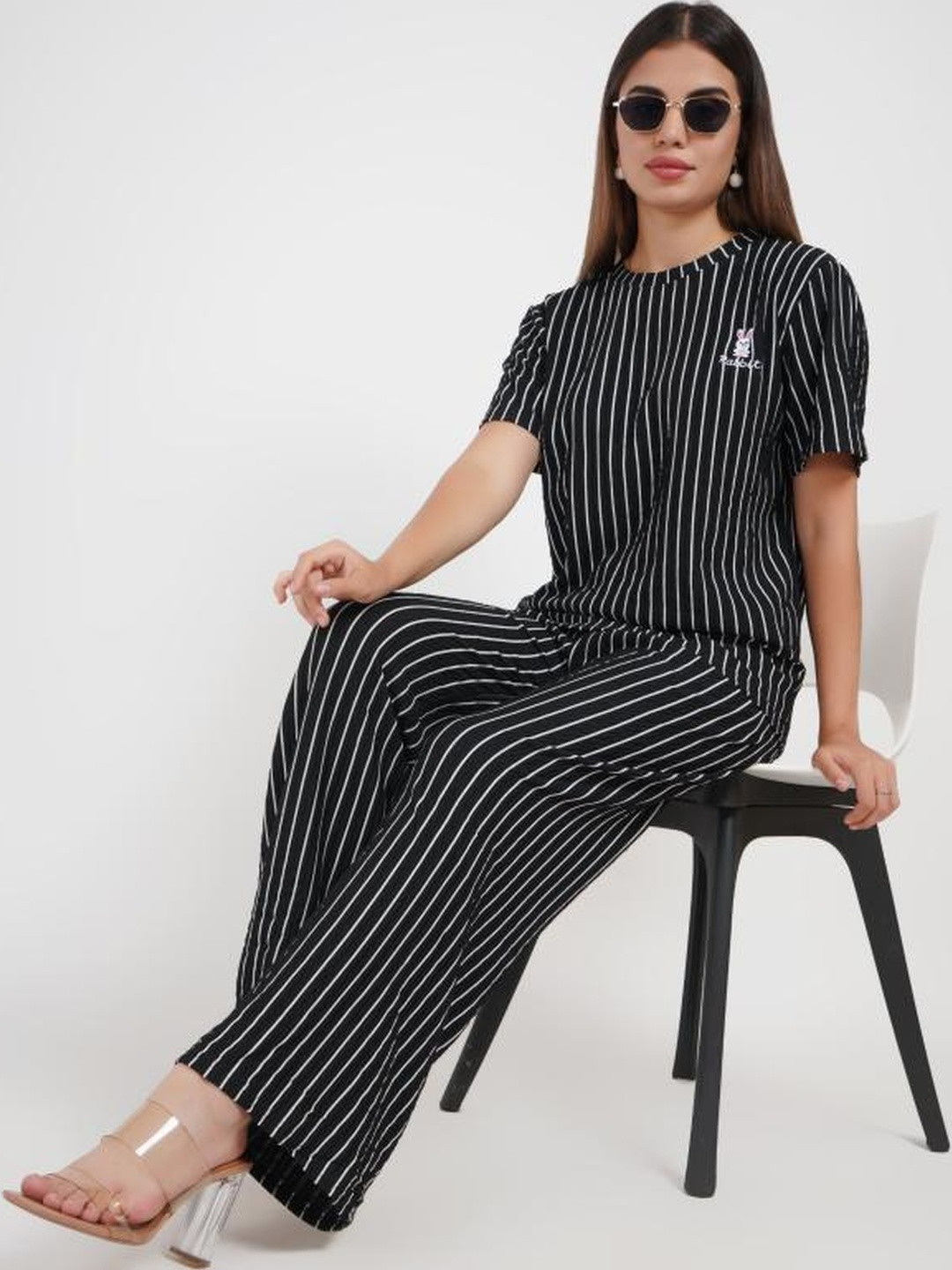 Lugo Women Rabbit Stripe Black Short Sleeves Co-Ords