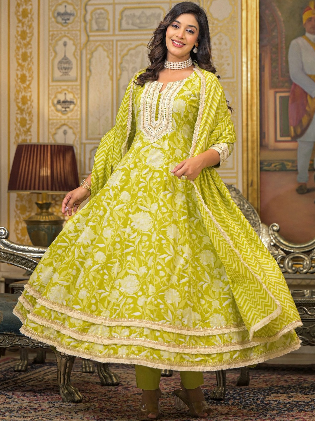 Lime Green Floral Hand-Work With Fancy Less Emboirederd Round Neck Kurta & Trouser With Dupatta
