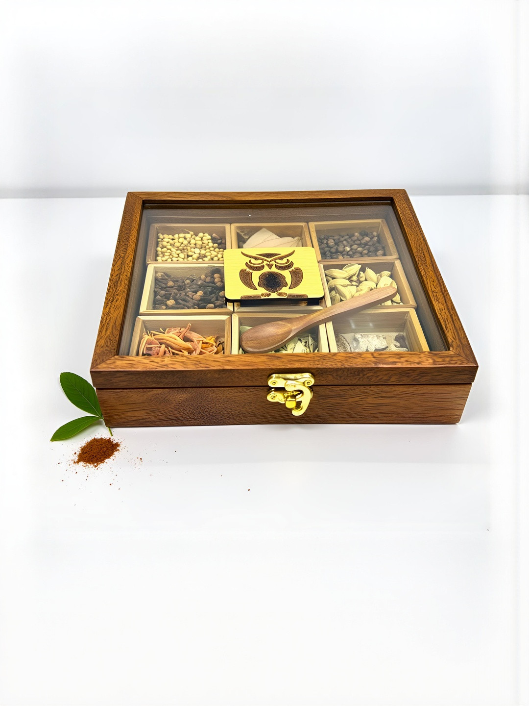 Angira handicrafts Brown Wooden Spice Box With Spoon