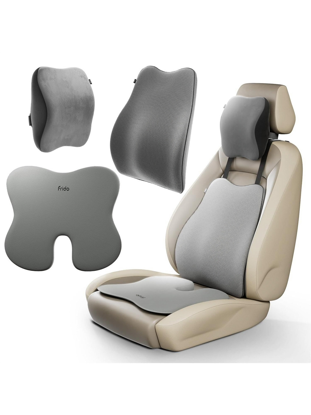 FRIDO Grey Car Comfort Combo Of 3 Neck Rest Backrest & Wedge Seat Cushion