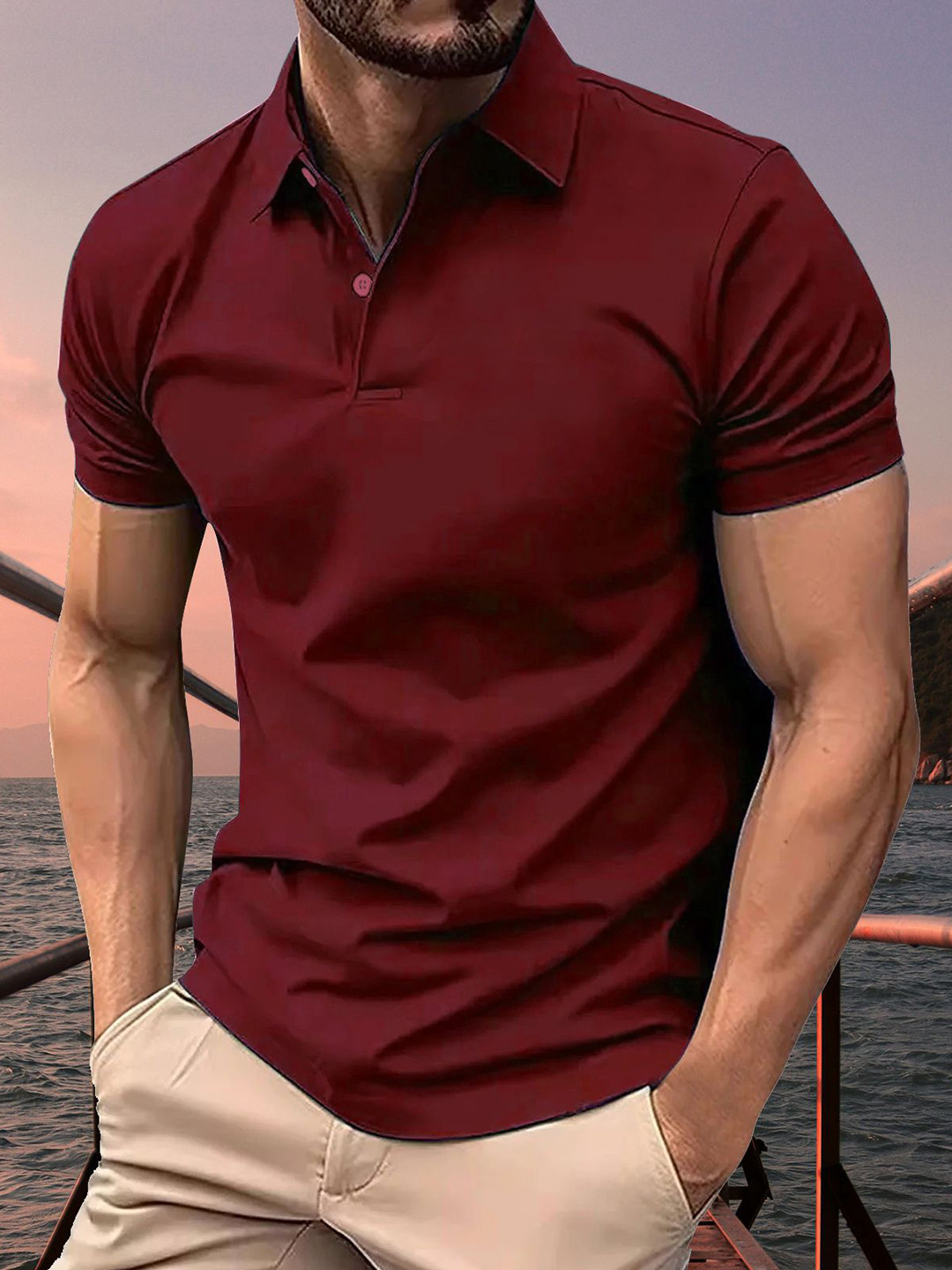 HUSHBUCKS Men Moisture Wicking Solid Polo Collar Slim Fit T-shirt