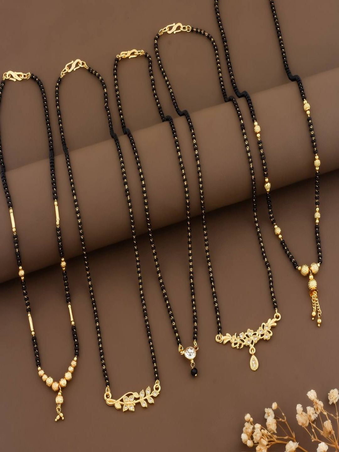 LaChoiceIt Set Of 5 Gold-Plated Artificial Beaded Mangalsutras