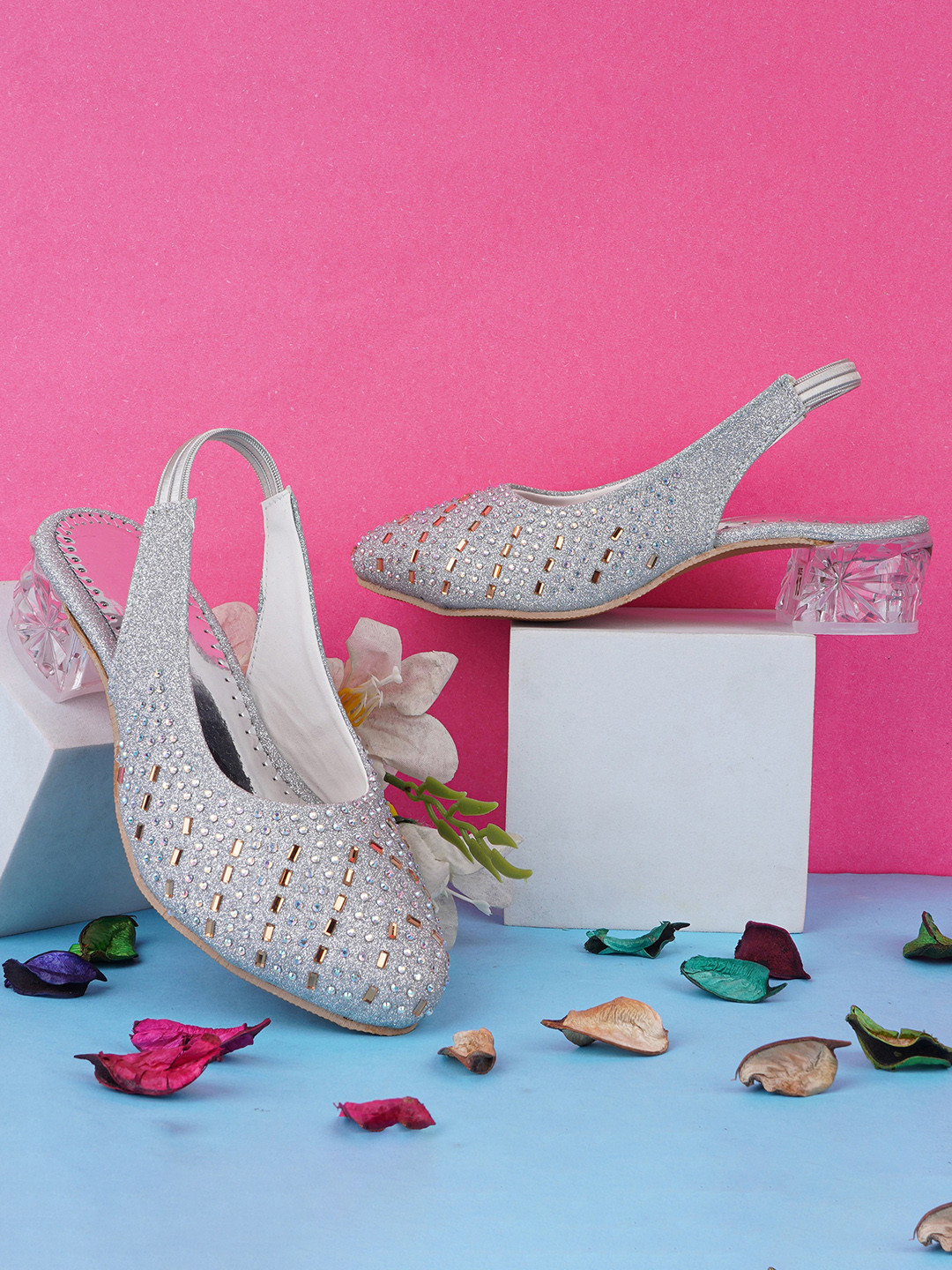 BAESD Girls Kanch Embroidery Work With Transparent Block Heels Pumps