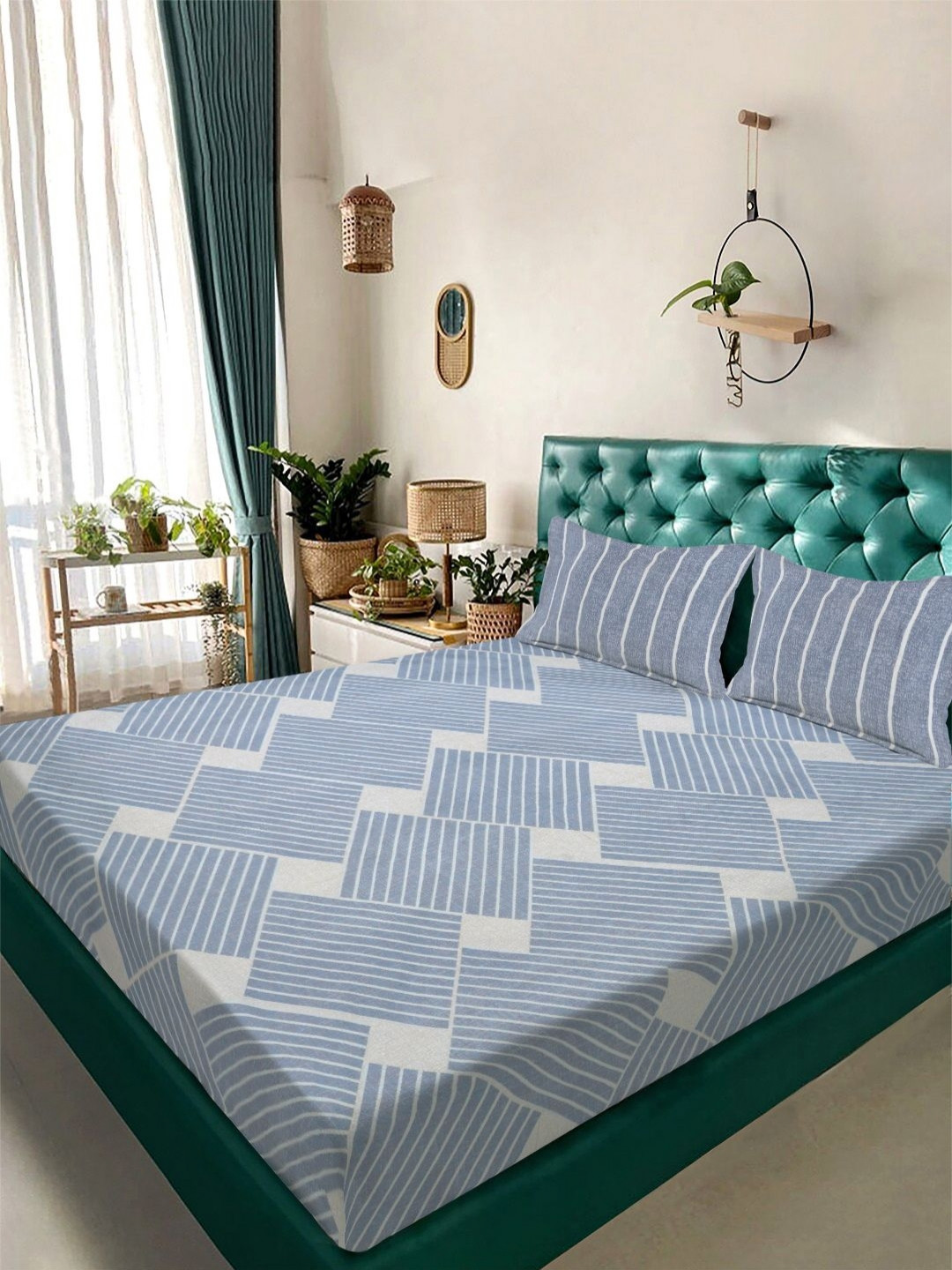Aura Blue & White Geometric Printed 300 TC King Bedsheet Set 2.50 x 2.25 m