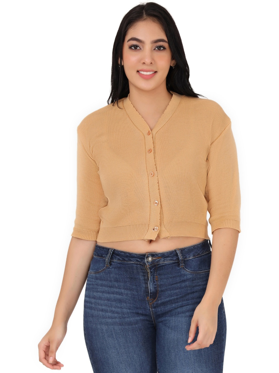 FEMULA Women V-Neck Half Sleeves Regular Fit Woollen Blouse Top for Winter