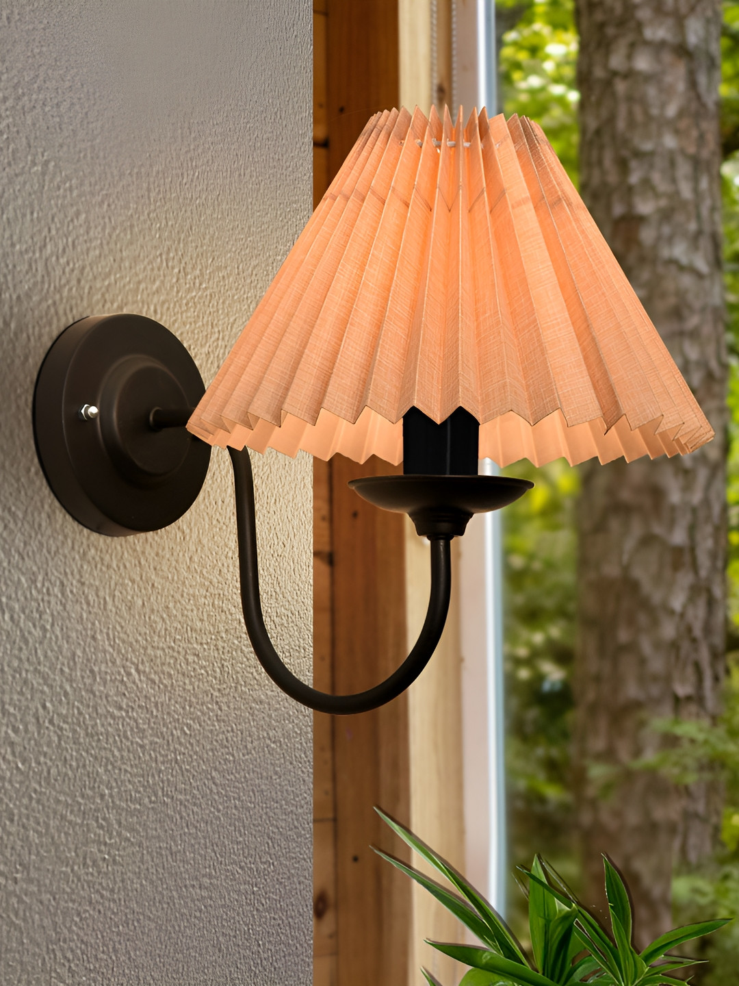 Homesake Black Metal Frustum Shaped Brass Wall Lamp with Black Pleated Jute Shade